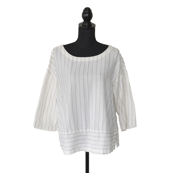 A4 Auth EILEEN FISHER Cream Striped Tencel/Organic Cotton 3/4 Sleeve Top Size L - Picture 1 of 6